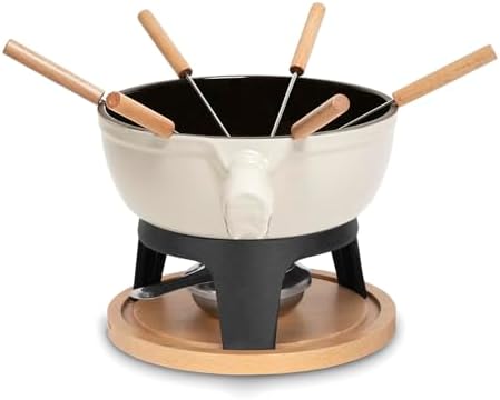 La Fonderie 1890 Service à Fondue en Fonte 6 Personnes Mont Blanc, Fondues Fromage et Chocolat, 6 Fourchettes avec Manches en Bois de hêtre, Socle en Bois Naturel, Capacité 1,8L – Image 3