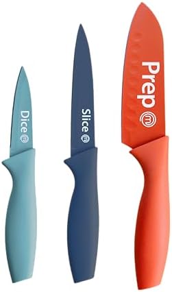 MasterChef Set Couteau Cuisine, Couteaux compris le Hachoir, Office, Chef, Legume & Eplucheur, Set Noir Inox avec Poignées Confortables, Collection Antirouille, Noir with captions, 5 Pièces – Image 22