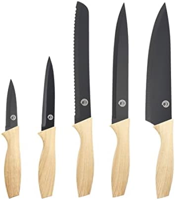 MasterChef Set Couteau Cuisine, Couteaux compris le Hachoir, Office, Chef, Legume & Eplucheur, Set Noir Inox avec Poignées Confortables, Collection Antirouille, Noir with captions, 5 Pièces – Image 13