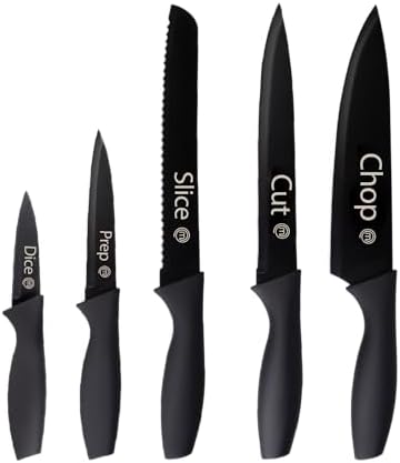 MasterChef Set Couteau Cuisine, Couteaux compris le Hachoir, Office, Chef, Legume & Eplucheur, Set Noir Inox avec Poignées Confortables, Collection Antirouille, Noir with captions, 5 Pièces – Image 8