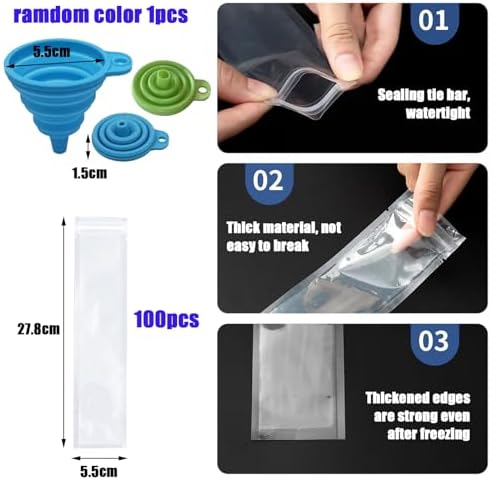 DKDDSSS 100 PCS Sacs Popsicle, Moule à Glace, Sacs de Sucettes Glacées, Popsicle Pochettes, DIY Popsicle Pochettes avec Entonnoir, pour Yaourt, Bonbons Glacés Party Favors – Image 3