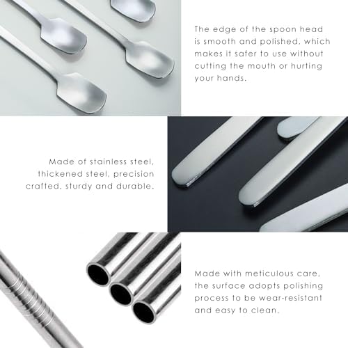 Lot de 6 spatules à dessert, 6 pailles en acier inoxydable, mini cuillères carrées, cuillères mélangeuses à café au miel, cuillères à café avec long manche, cuillère à café, cuillère à glace, cuillère – Image 3