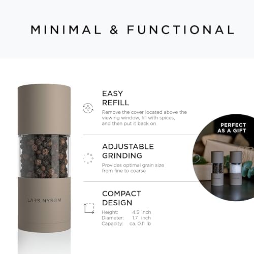 LARS NYSØM Set de moulin à sel et à poivre en acier inoxydable avec broyeur réglable en céramique 2 pièces I Set de moulin à épices manuel (Taupe Brown) – Image 4
