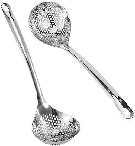 passoire de cuisine louche, 2 pièces cuillère à tamis, cuillère à fentes en acier inoxydable, cuisine à écumoire, Louche à marmite avec long manche, compatible lave-vaisselle, louche à trou