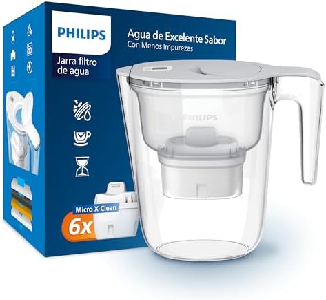 Philips Carafe filtrante +6 cartouches filtrantes de rechange Micro X-Clean, débit rapide, blanc, 2,6 litres, minuterie électronique