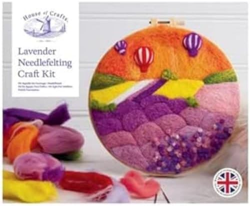 House of Crafts Kit de bricolage unique multicolore avec 4 aiguilles, 1 cerceau en plastique, 1 modèle de paysage de lavande, laine acrylique colorée