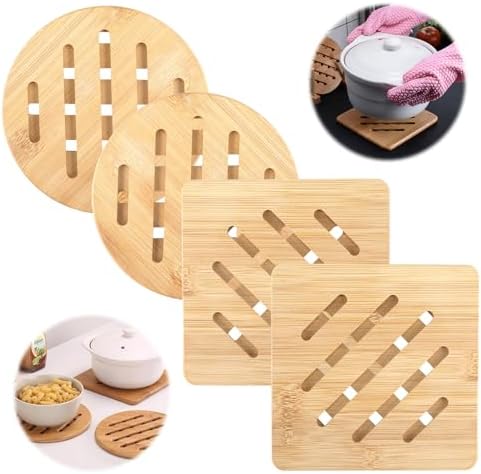 Ensemble de 4 Dessous de Plat en Bambou Résistant à la Chaleur, Écologique et Antidérapant, 2 Ronds et 2 Carrés, Idéals pour Théières, Bols et Ustensiles Chauds, Protection de Table Parfaite – Image 3