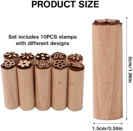 Sixfolo 10 Pièces Timbre de Poterie Argile Outils de Poterie en Bois Tampon Timbre en Bois Motif Floral Tampon Poterie Rond Tampon DIY Bois Naturel pour Argile Poterie et Scrapbooking,5x1.5cm – Image 2