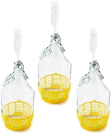 WYSKONT Bouteille bonbonne à col étroit avec couvercle pivotant, panier de protection, sas et bouchon pour la fabrication du vin, la fermentation, le stockage des boissons, verre transparent, 3 x 5 L