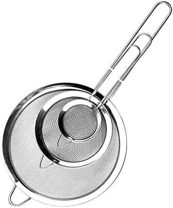 Avesteir 3 Pièces Passoire Inox 19/25/37 cm, Métal Tamis Cuisine, Tamis Maille Fine avec Poignée, Filtre pour Pâtisserie, Égoutter Poudre, Pates, Légumes, Quinoa, Nouille, Riz, Blanc d'Oeuf (Argent)