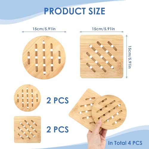 Ensemble de 4 Dessous de Plat en Bambou Résistant à la Chaleur, Écologique et Antidérapant, 2 Ronds et 2 Carrés, Idéals pour Théières, Bols et Ustensiles Chauds, Protection de Table Parfaite – Image 2
