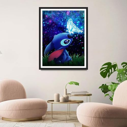 QINRUBB DIY Stitch Peinture Diamant Painting Kit, 5D Dessin Animé Art du Diamant Complet Kits, Papillon Diamond Art Kits Strass Point de Croix Painting pour Adultes Débutants Maison Décor 30X40cm – Image 2