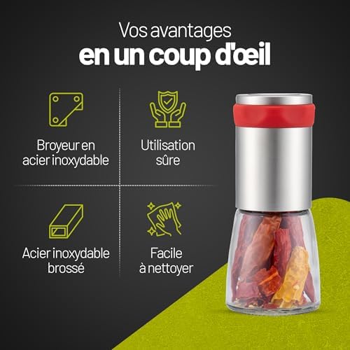 ZOLMER® Moulin à piment en acier inoxydable et en verre | Coupe-épices avec mécanisme de coupe en acier inoxydable – Coupe-piment pour épices grossières et piments – Moulin à épices – Avec couvercle – Image 6