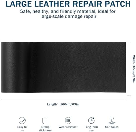 Vinabo Simili Cuir Autocollant,Cuir Adhesif Reparation Canapé pour Réparation et Rénovation,Patch Cuir Auto-adhésif Rénovation en Cuir pour Siège Voiture,Bottes,Sac À Main,Sacs Souples-Noir,10x160cm – Image 2