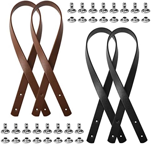 4 Pièces Anse de Sac en Cuir avec des Rivets, Durable Anse pour Sac À Main Interchangeable PU Anses pour Sac Au Crochet, Longueur: 60cm, Largeur: 2cm pour Les Sacs À Main DIY (Noir + Marron Clair)