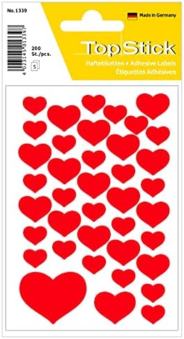 TopStick 1339 Autocollantes avec des motifs de coeur (200 stickers, papier, mat) auto-adhésives, étiquettes décoratives pour mariage, cadeau, anniversaire, Saint Valentin, amour, scrapbooking, rouge
