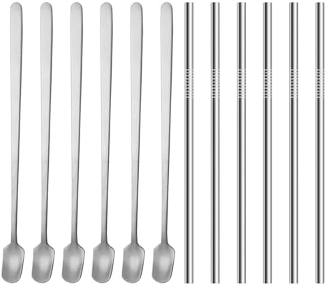 Lot de 6 spatules à dessert, 6 pailles en acier inoxydable, mini cuillères carrées, cuillères mélangeuses à café au miel, cuillères à café avec long manche, cuillère à café, cuillère à glace, cuillère