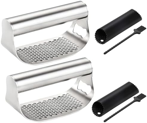 Mino Plus Presse-ail,coupe ail inox,Garlic Press Rocker Crusher,Éplucheur d'ail professionnel,Concasseur à ail avec Outil Éplucheur en silicone (2 pièce)