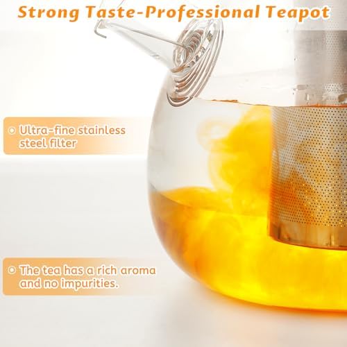 Theiere Avec Infuseur 1,6 litre, Theiere Verre Chauffant Transparent avec Filtre Amovible en Acier Inoxydable, Adapté au thé Parfumé, thé Vert, thé Noir, thé Aux Fruits (Théière avec base chauffante) – Image 5