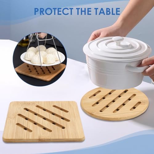 Ensemble de 4 Dessous de Plat en Bambou Résistant à la Chaleur, Écologique et Antidérapant, 2 Ronds et 2 Carrés, Idéals pour Théières, Bols et Ustensiles Chauds, Protection de Table Parfaite – Image 5