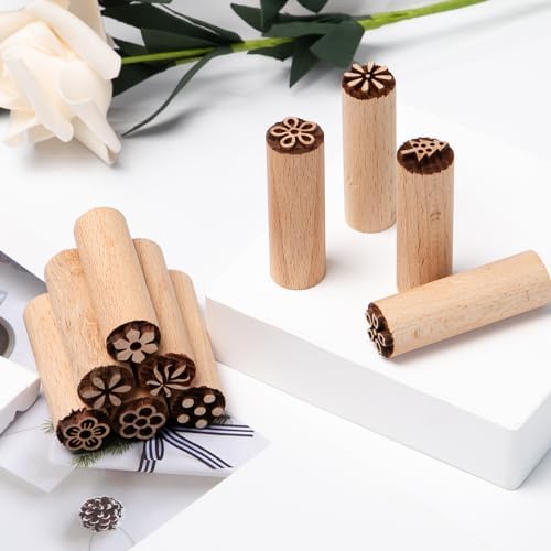 Sixfolo 10 Pièces Timbre de Poterie Argile Outils de Poterie en Bois Tampon Timbre en Bois Motif Floral Tampon Poterie Rond Tampon DIY Bois Naturel pour Argile Poterie et Scrapbooking,5x1.5cm – Image 4