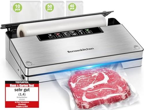 Bonsenkitchen Machine Sous Vide Alimentaire, Machine Sous Vide à 5 Modes-8 L/min, Technologie Globefish pour Un Travail en Continu à Grande Vitesse, Comprend 100 Sacs Sous Vide et 1 Sac en Rouleau