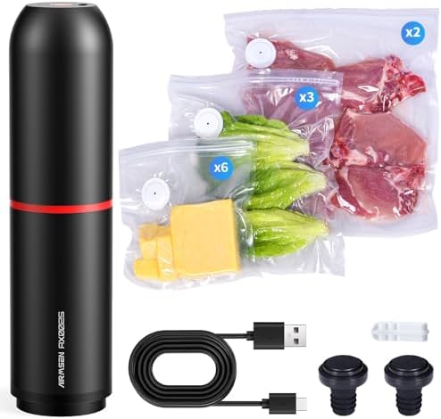AIRMSEN Mini Machine Sous Vide Alimentaire Portable, Puissance d'Aspiration de 40 kPa avec 11 Sacs Sous Vide et 2 Bouchons de Vin, Idéal pour la Conservation des Aliments en Camping