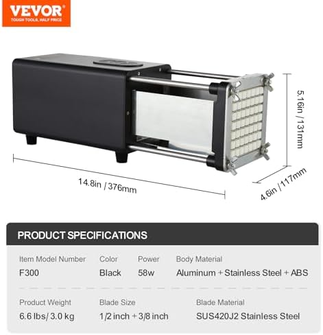 VEVOR Coupe-Frites Électrique, Coupe-Légumes Multifonction avec Lame en Acier Inoxydable de 12,7 mm et 9,5 mm, Trancheuse de Pommes de Terre avec Pieds Antidérapants, pour Concombres, Carottes – Image 7