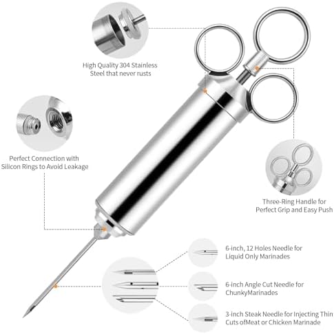Euakee Injecteur de Marinade, Kit d'Injecteur en Acier Inoxydable avec 3 Aiguilles pour Viande, Injecteur pour Cuisson de Poulet, Steak, Bœuf, Idéal pour Barbecue, Fumoir, Gril – Image 3