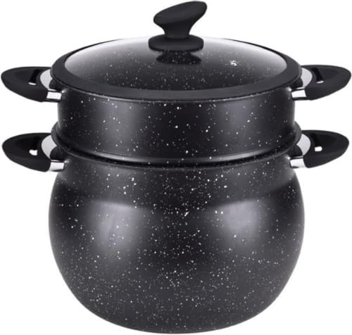 ROYALTY LINE, Couscoussier en acier inoxydable 15 Litres avec couvercle en verre, compatible gaz, électrique, céramique, halogène, induction, avec un revêtement antiadhésif sans PFOA, Noir