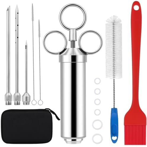 Euakee Injecteur de Marinade, Kit d'Injecteur en Acier Inoxydable avec 3 Aiguilles pour Viande, Injecteur pour Cuisson de Poulet, Steak, Bœuf, Idéal pour Barbecue, Fumoir, Gril
