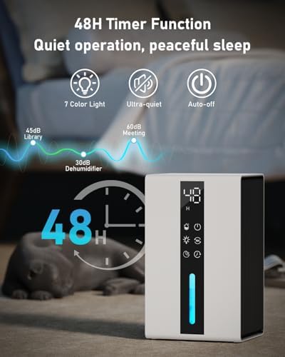 Deshumidificateur d air 1800ml, Déshumidificateur d air Electrique 48W, avec 48H de Minuterie, 7 Lumières de Couleur, Dégivrage Automatique, Arrêt Automatique, pour la Maison, Bain, Chambre – Image 5