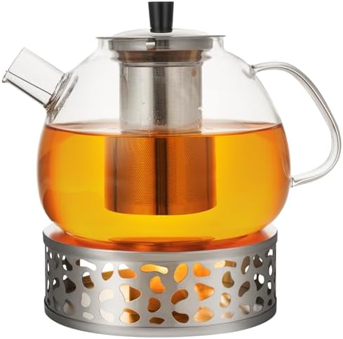 Theiere Avec Infuseur 1,6 litre, Theiere Verre Chauffant Transparent avec Filtre Amovible en Acier Inoxydable, Adapté au thé Parfumé, thé Vert, thé Noir, thé Aux Fruits (Théière avec base chauffante)