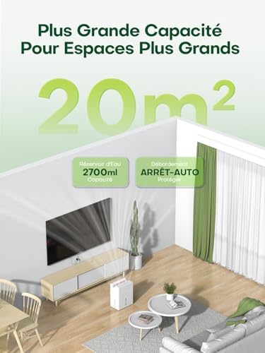 CONOPU Deshumidificateur d Air 2700ML, Déshumidificateur Maison 20m², Double Contenant Déshumidifiant, Mode Séchage, Mode Sommeil 30db, Dégivrage Intelligent, Minuteur 24 Heures – Image 6