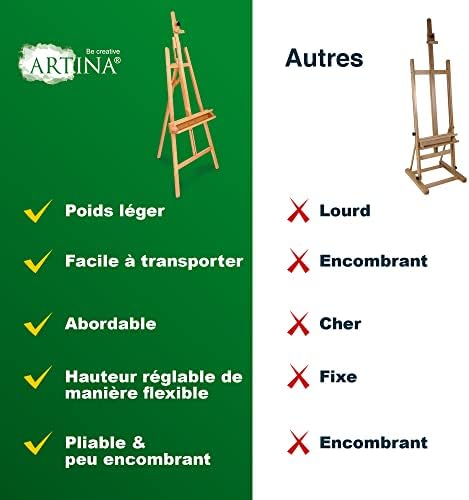 Artina Grand Chevalet d'Atelier 66x225 cm Barcelona – Chevalet Tripode en Bois de Hêtre Réglable avec Support de Peinture – Chevalet Bois Pliable pour Toiles jusqu'à 120cm – Image 6