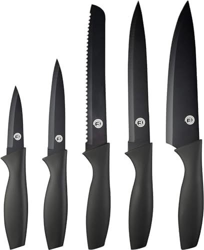 MasterChef Set Couteau Cuisine, Couteaux compris le Hachoir, Office, Chef, Legume & Eplucheur, Set Noir Inox avec Poignées Confortables, Collection Antirouille, Noir with captions, 5 Pièces – Image 10