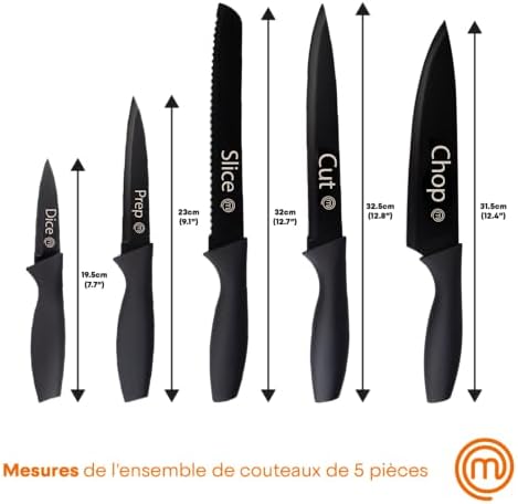 MasterChef Set Couteau Cuisine, Couteaux compris le Hachoir, Office, Chef, Legume & Eplucheur, Set Noir Inox avec Poignées Confortables, Collection Antirouille, Noir with captions, 5 Pièces – Image 7