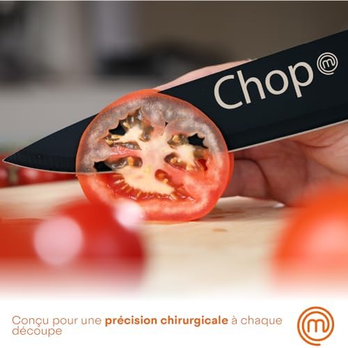 MasterChef Set Couteau Cuisine, Couteaux compris le Hachoir, Office, Chef, Legume & Eplucheur, Set Noir Inox avec Poignées Confortables, Collection Antirouille, Noir with captions, 5 Pièces – Image 3