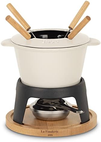La Fonderie 1890 Service à Fondue en Fonte 6 Personnes Mont Blanc, Fondues Fromage et Chocolat, 6 Fourchettes avec Manches en Bois de hêtre, Socle en Bois Naturel, Capacité 1,8L – Image 9