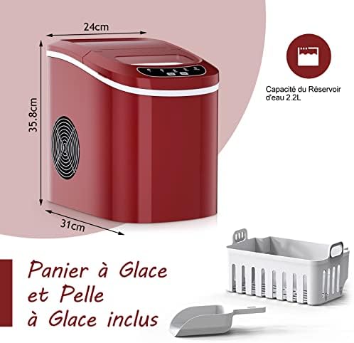 RELAX4LIFE Machine à Glaçons Autonettoyante 12KG par Jour, 9 Glaçons en 6-13 Mins,Réservoir 2.2 L pour Bureau Cuisine Bar, 24,2x35,8x32,5CM(Rouge) – Image 7