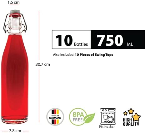Casavetro 10 x 750 Bouteilles Vides en Verre Swing Bouchon en Caoutchouc Hermétique Réutilisable Rechargeable pour Home Brewing Gin Vinaigre d'Eau (10 x 750ml) – Image 2