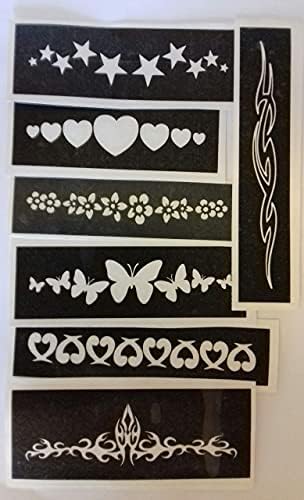 Dazzle Glitter Tattoos Lot de 30 pochoirs pour bracelet (mélangés) à graver sur verre. Les pochoirs ont un diamètre d'environ 4,5 pouces et une hauteur de 2,5 cm - Papillon dauphin étoiles