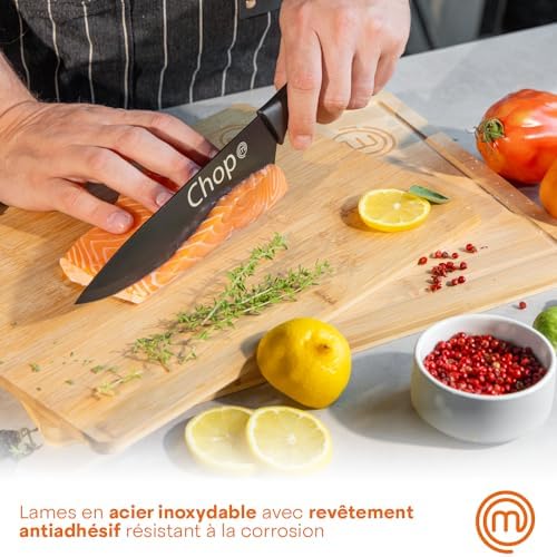 MasterChef Set Couteau Cuisine, Couteaux compris le Hachoir, Office, Chef, Legume & Eplucheur, Set Noir Inox avec Poignées Confortables, Collection Antirouille, Noir with captions, 5 Pièces – Image 4
