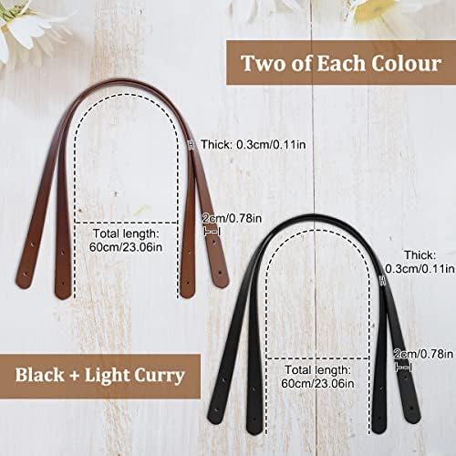 4 Pièces Anse de Sac en Cuir avec des Rivets, Durable Anse pour Sac À Main Interchangeable PU Anses pour Sac Au Crochet, Longueur: 60cm, Largeur: 2cm pour Les Sacs À Main DIY (Noir + Marron Clair) – Image 2
