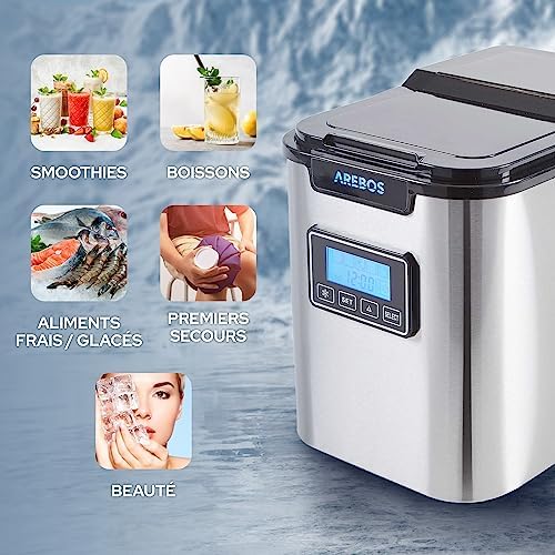 Arebos Machine à glaçons | Ice Cube Maker | 12 kg / 24 h | 10-15 minutes de production | 3 tailles de glaçons | Réservoir d'eau de 2,2 L | Machine à glaçons | Minuteur & écran LCD – Image 6