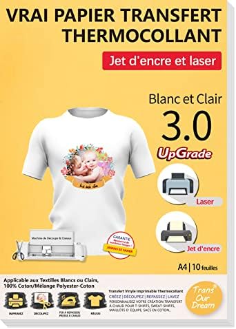 TransOurDream Papier Transfert pour Textile 3.0 - Imprimantes Jet d'Encre & Laser, Pochette 10 Feuilles A4 Papier Transfert pour T-Shirts ou Textiles Blancs et Clairs, Non Impression Miroir 2-3.0-10