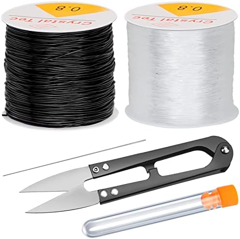 2 Pcs Fil Elastique pour Bracelet 50m*0,8mm Elastique Bracelet Ligne Fil Extensible Elastique Transparent Noir Transparent avec Ciseaux et Aiguille à Perles pour Bracelets et Colliers