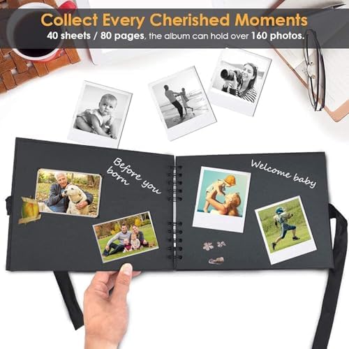 Album Photo à Personnaliser Soi-Même 80 Pages Noires Scrapbooking Vintage Album Souvenir pour Bébé Famille Anniversaire Saint Valentin Mariage Noël Cadeau (Noir, 29 x 21,5 cm) – Image 4