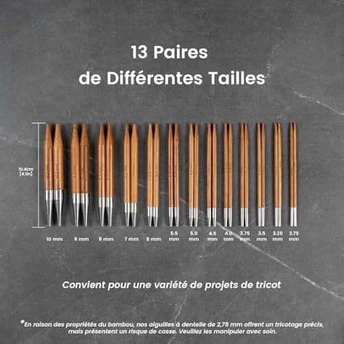 RUIDI Ensemble d'Aiguilles Circulaires Tricot, Aiguilles Circulaires Interchangeables en Bambou avec Étui & Accessoires, 13 Paires d'Aiguilles Circulaires de Taille 2,75 mm à 10 mm – Image 2
