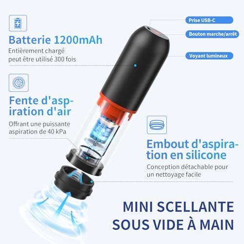 AIRMSEN Mini Machine Sous Vide Alimentaire Portable, Puissance d'Aspiration de 40 kPa avec 11 Sacs Sous Vide et 2 Bouchons de Vin, Idéal pour la Conservation des Aliments en Camping – Image 3